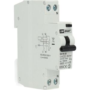 EMAT aardlekautomaat 1-polig+nul 32A C-kar 100mA (85006051)