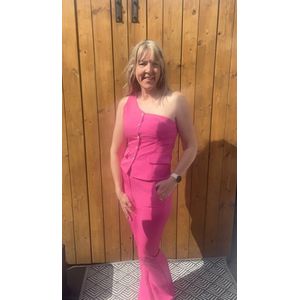Gilet en broek - broekpak - set - kostuum - Gilet - One shoulder - dames - Kleur Fuchsia - Maat S