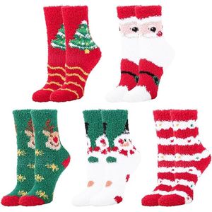 Kerstsokken - Warme sokken - One Size - Herfst- en wintersokken - Gezellige zachte - donzige pantoffelsokken - Thuissokken - voor mannen en vrouwen - fuzzy bedsokken - pluche pantoffels - warme winterslaapsokken - 5 paar