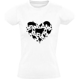 Dieren hart Dames T-shirt | varken | eend | koe | kip | liefhebber | hartje | Wit