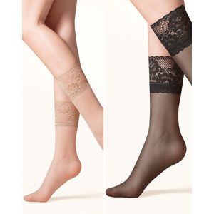 2 pack Gabriella dunne pantysokken met kanten boord en siliconen Kala 20DEN, beige & zwart