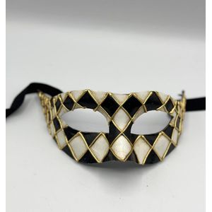 Venetiaans masker handgemaakt - Arlecchino masker zwart/wit/goud - Carnavals masker - gala masker zwart wit goud