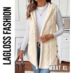 LaGloss® Elegante Mouwloze Dames Vest – Crème – Open Model met Zijknopen & Capuchon – Maat S