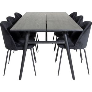Sleek eethoek eetkamertafel uitschuifbare tafel lengte cm 195 / 280 zwart en 6 Wrinkles eetkamerstal velours zwart.