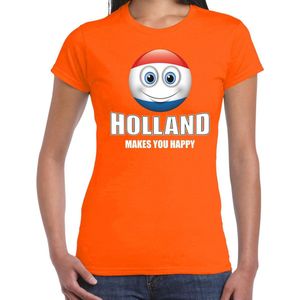 Holland makes you happy landen t-shirt met emoticon - oranje - dames -  shirt met Nederlandse vlag - EK / WK kleding XS