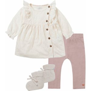 Noppies - kledingset - Meisjes - 3delig - Jurk Noble Pristine met kant - Legging Vicenza Fawn - gebreide slofjes Nelson Pristine - Maat 74