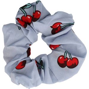 Haarsoires Haarelastiek Scrunchie – Kersenprint – Gladde Stof – Rood Grijs - Haarkrinkel - Haar Elastiek met Stof - Zacht & Haarvriendelijk