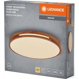 LEDVANCE ORBIS Woodburry LED wand-/plafondlamp met houtdecor, 16W, 1000lm, 3000K, 300mm diameter, 830 vriendelijk warm wit, IP20 bescherming, inclusief montageschroeven en pluggen