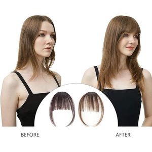 Pony kunsthaarclip, natuurlijke synthetische platte franjes, front-extensions, korte haarelastiekjes, pony, haarstukjes (licht- en donkerbruin)