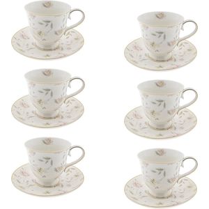 HAES DECO - Kop en Schotel set van 6 - inhoud 220 ml - kleuren Wit / Beige - Bedrukt Porselein met Bloemen - Theeservies, Koffieservies, Theekoppen, Koffiekoppen, Cappuccino