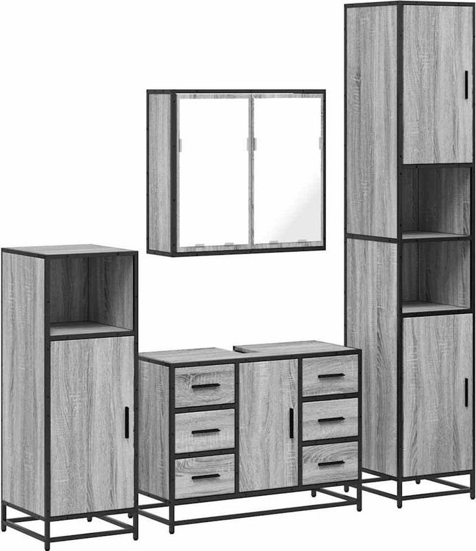 vidaXL - 4-delige - Badkamermeubelset - bewerkt - hout - grijs - sonoma - eikenkleur