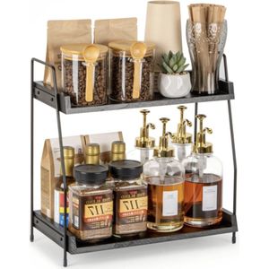 Koffie-organizer, koffiebar-accessoire en -organizer, hout, koffieopbergmeubel voor koffiehoek, werkbladen, kruidenrek, 2 verdiepingen, koffiecaddy voor keuken, thuis, kantoor, zwart