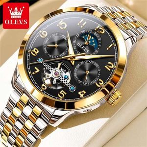 HO-7018.gz-zw : OLEVS mechanisch goud/zilverkl edelstalen Tourbillon horloge, obsidiaan zwart wijzerplaat, seconden Skeleton, dag & dag vd maand & 24u/maanfase -aanduiding