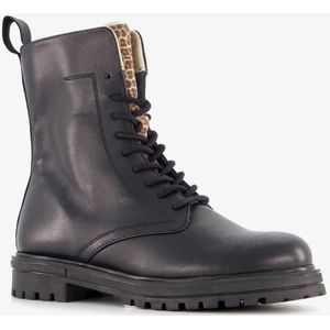 Groot leren meisjes veterboots met luipaard details zwart - Maat 33 - Uitneembare zool