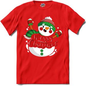 Merry Christmas vrolijke sneeuwpop - T-Shirt - Meisjes - Rood - Maat 12 jaar