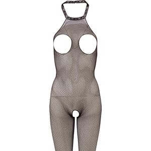 Mandy Mystery Lingerie – Visnet catsuit met open kruis en borsten – One Size - Zwart