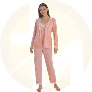 Dames nachtjapon | Tuniek van kant | Nachthemd voor dames | Dames pyjama | Cadeau voor dames | 4-delige set | kleur: somon | maat: L