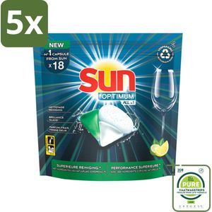 5 x Sun Optimum - All-in-1 - Vaatwasmiddel - Capsules - Citroen - 18 Capsules - Grootverpakking - Vaatwascapsules - Vaatwasmiddel - Citroen - All-in-1 - Vaatwasser