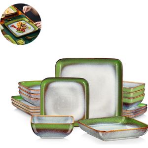 Luxe Serviesset – 16 delig – 4 persoons – Porselein - Bordenset – Dinner platen – Dessertborden - Kommen - Mokken - Schaaltjes - Groen