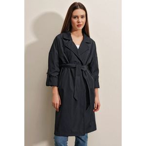 Dames Trenchcoat lang met knopen en touwriem driekwart mouwen | Zwart