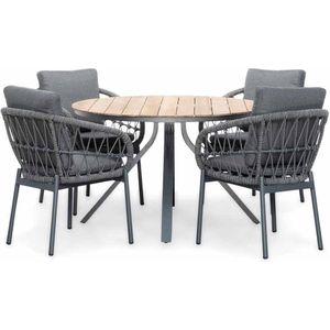 LUX outdoor living Dublin/Dakota zwart dining tuinset 5-delig | teakhout + touw | 120cm rond | 4 personen