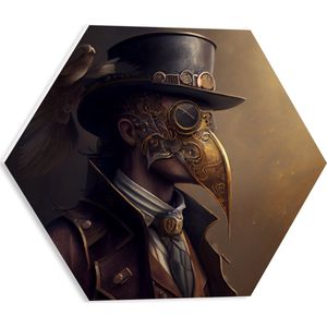 PVC Schuimplaat Hexagon - Zijaanzicht van Man met Zwarte Hoed en Goud Masker - 40x34.8 cm Foto op Hexagon (Met Ophangsysteem)
