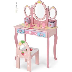 FURNIBELLA - Kaptafel voor kinderen met drievoudige spiegel, kinder kaptafel en stoel met 3 lades, 2 opbergdozen, meisjes make-up tafel met krukje voor kinderen (Roze)