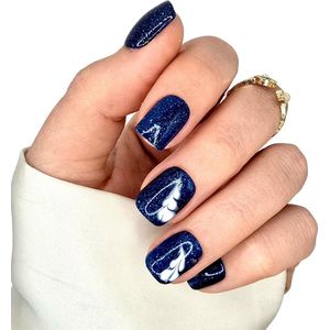SD Press on Nails B-270 – Set van 20 Korte Rechte Plaknagels – Blauw Glitter – Inclusief Lijm & Tools – Handmade Nail Art