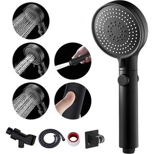 SNQ Doucheset - Douchekop - 5 straalsoorten - Waterbesparend - Hoge druk - Met 1,5 m explosieveilige slang en zelfklevende houder - Regendouchekop - One-touch waterstop handsproeier - Handdouche - Badkameraccessoires - Huid- en haarvriendelijk