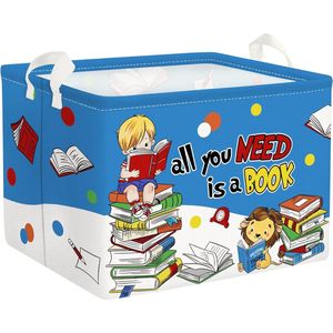 Cartoon kinderen lezen kubus opbergmand voor kinderkamer leeuw blauw rechthoekig kleding boeken opbergdoos, 40 x 30 x 30 cm