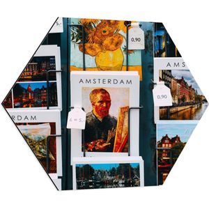 Dibond Hexagon - Amsterdamse Ansichtkaarten in het Rek - 80x69.6 cm Foto op Hexagon (Met Ophangsysteem)