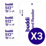 Buddi MicroSDXC 512GB 3-Pack - Met SD Adapter