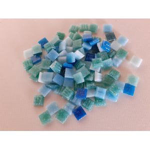 Mozaiek steentjes Glas Vierkant 1x1 cm Groen/Blauw Aqua mix 300 gram.