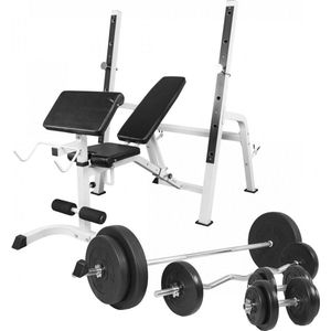 Gorilla Sports Halterbank met Squat Rack + 100 kg set - Halterstang met gewichten