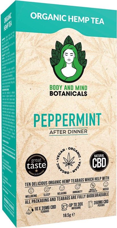 Body & Mind Botanicals - Pepermunt Hennep Thee - Vegan & Biologisch - Welzijnsproduct - 10 Theezakjes - 350 mg CBD per Doos