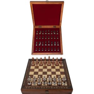 Handgemaakte houten schaakbord met opbergsysteem - Metalen Schaakstukken - Luxe uitgave - Schaakspel - Schaakset - Schaken - Chess - 40 x 40 cm