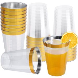 Plastic bekers 25 stuks 360 ml kunststof drinkbekers met gouden rand, transparant, herbruikbare partybekers voor dranken, borrelbekers voor bruiloften, doop, picknick, feest, camping,