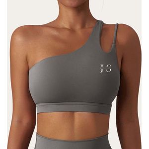 Sport Top / BH - June Spring - Maat: L - Kleur: Clay (Grijs / Grey) - Sportbeha - Sporttop met Ondersteuning - Hoge Kwaliteit - Bijpassend Legging & Vest ook Verkrijgbaar - Fitness Outfit - One Shoulder / Offshoulder - Fitness BH - Sport Topje Dames