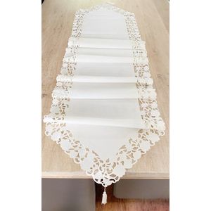 Tafelkleed Linnen gebroken wit met blaadjes - Loper 180 cm