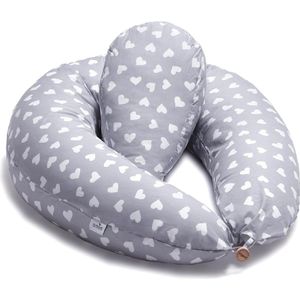 Verpleegkussen voor Borstvoeding met Mini Kussen - Grijs Wit Sterren Patroon - Grijs Witte Harten - 100% Katoenen Kussensloop - Polyester Vezel Vulling