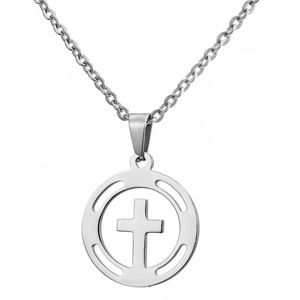 Fako Bijoux - Ketting Met Kruisje In Ring - Stainless Steel - RVS - Staal - Zilverkleurig