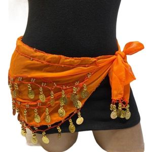 Buikdans - Sjaal - Heupsjaal - Oranje - Gouden Muntjes - 150 cm
