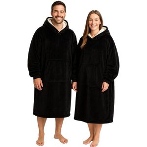 Badrock hoodie deken - Zwarte capuchon deken - Extra Lang 120cm - fleece deken met mouwen en capuchon – Oversized hoodie deken met mouwen – Draagbare deken - Fleece TV deken – Plaid met mouwen – Warm & zacht – Fleece poncho - zwart