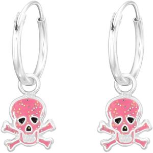 Joy|S - Zilveren skull bedel oorbellen - oorringen - doodskop - roze met glitter - kinderoorbellen halloween