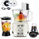 10-in-1 Elektrische Keukenmachine - 1000 W - Glazen Mixer van 1,5 L en Kom van 3 Liter - Snijden, Hakken, Raspen, Mixen, Pureren en Deeg - 6 Voorinstellingen - Voor Thuisgebruik - Wit