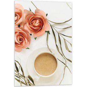 Forex - Witte Koffiekop met Rozen - 60x90cm Foto op Forex
