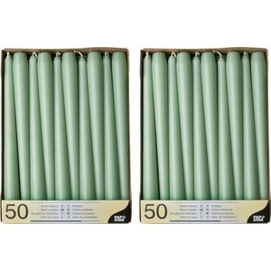 100x stuks Voordeelverpakking dinerkaarsen jade groen - 25 cm - 7 branduren