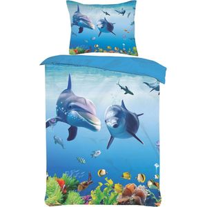 Kinder dekbedovertrek Set Blauw Dolfijnen & vissen 1Persoons- 140x220cm +1 kussensloop 60x70 cm