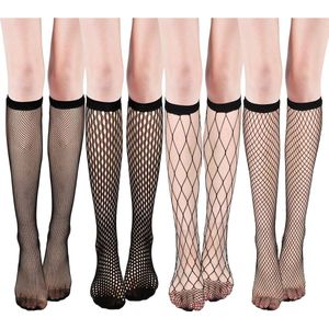 4 Pairs Fishnet Thigh High Stocking Ladies Fishnet Knee High Socks Black Fishnet Sheer Hollow Socks for Women, Black, One Size, Black