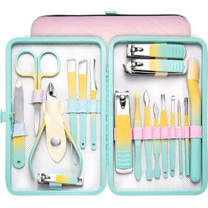 18-Delige Manicure Set en Pedicuresets - Professioneel met Reisset - Met o.a. Nagelknipper, Nagelschaar , Nagelvijl - Pedicure Sets - Macaron Groen